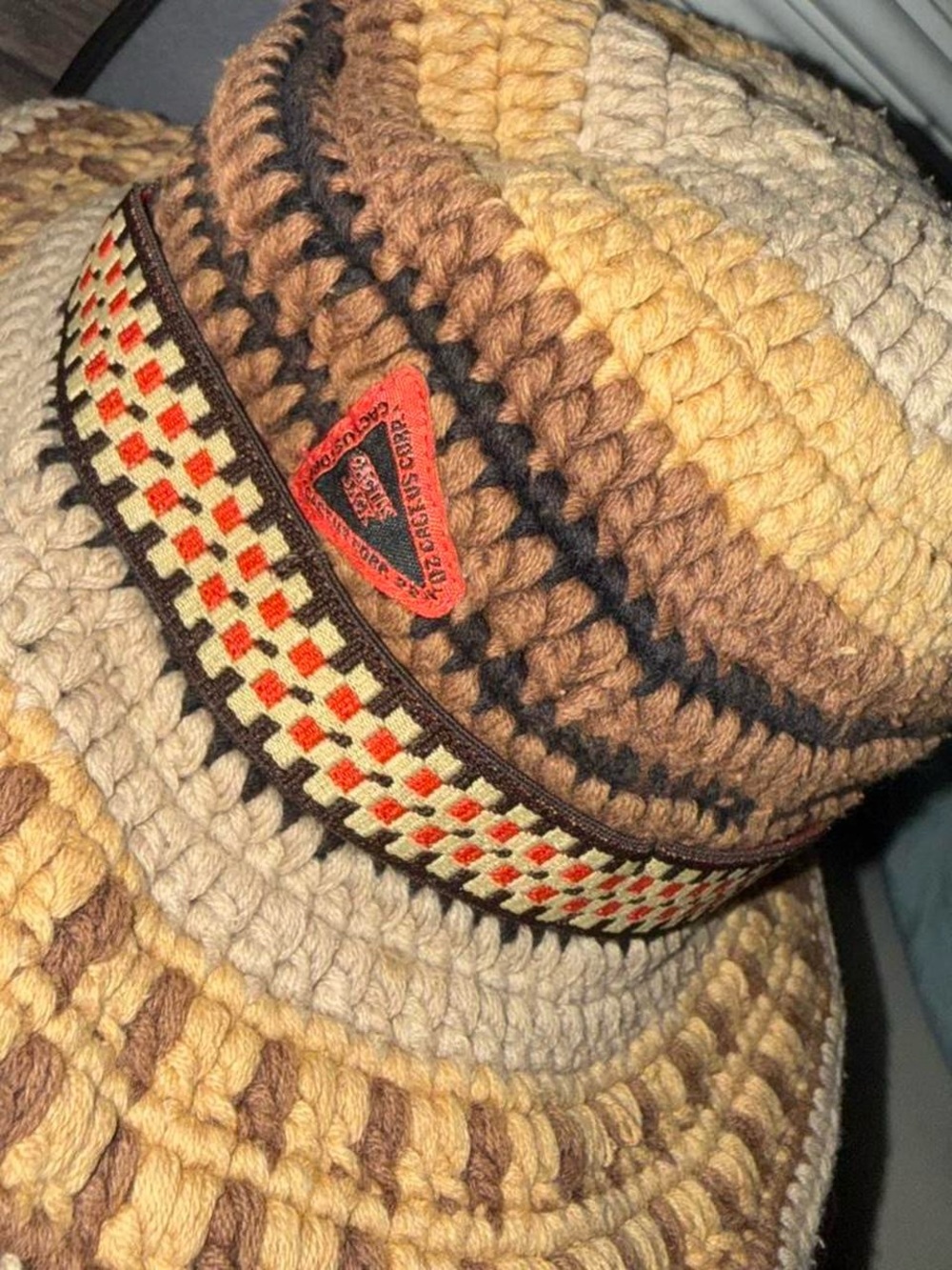 CACTUS JACK TRAVIS SCOOT Hand-Crocheted Striped Bucket Hat in Tan and Brown